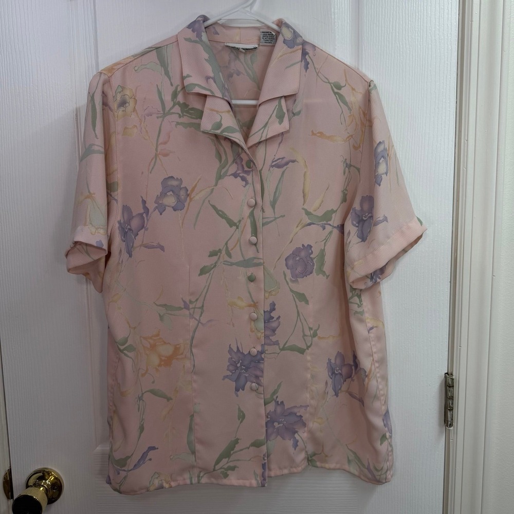 Vintage Alfred Dunner pastel pink floral double collared button down blouse 12‎
